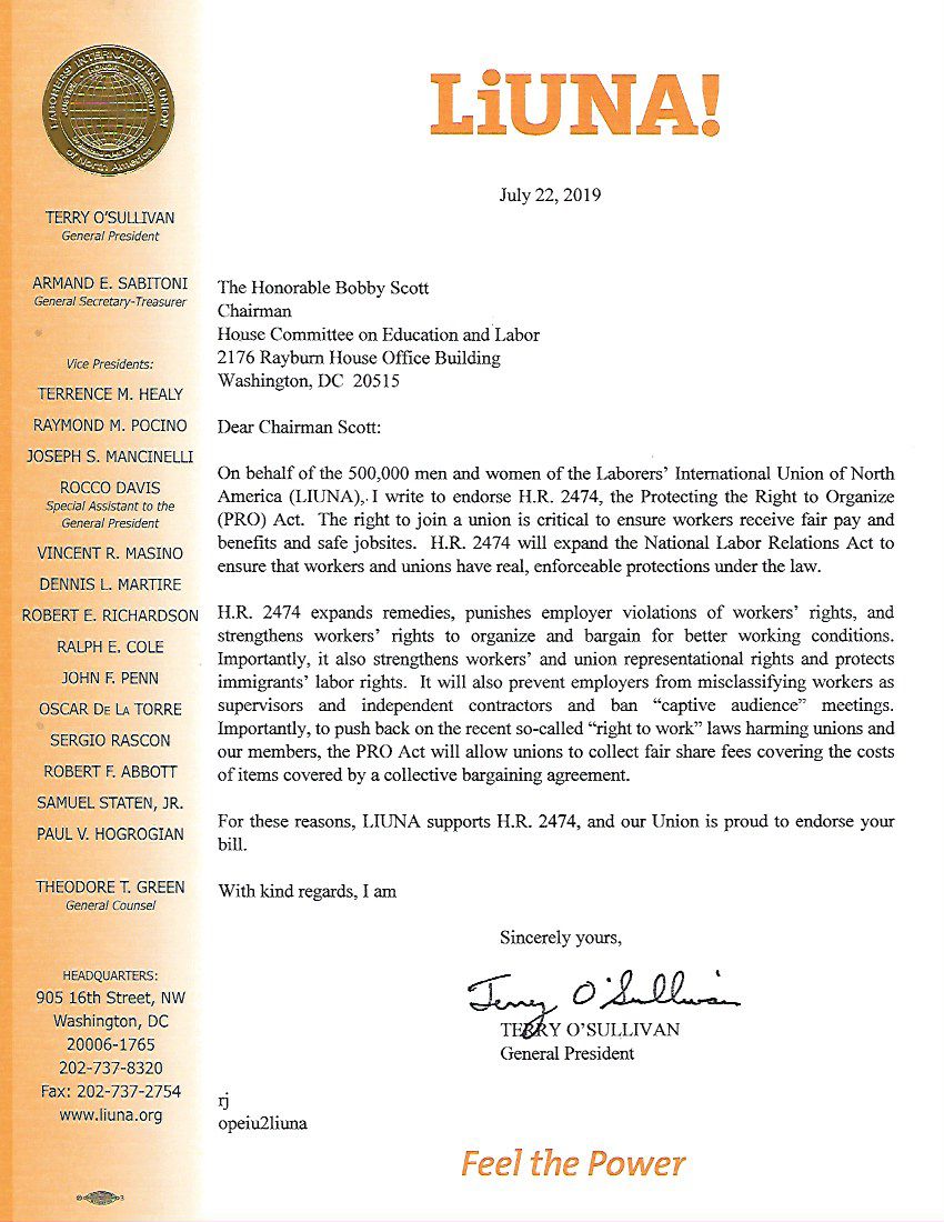 Read LIUNA's letter to Senator Bobby Scott (D-VA) voicing support for H.R. 2474, the Protecting Right to Organize (PRO Act).  The right to join a union is critical to ensure workers receive fair pay and benefits and safe jobsites.
